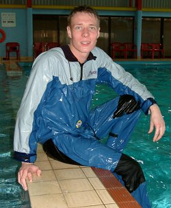 Pool swim and jump in hoodie